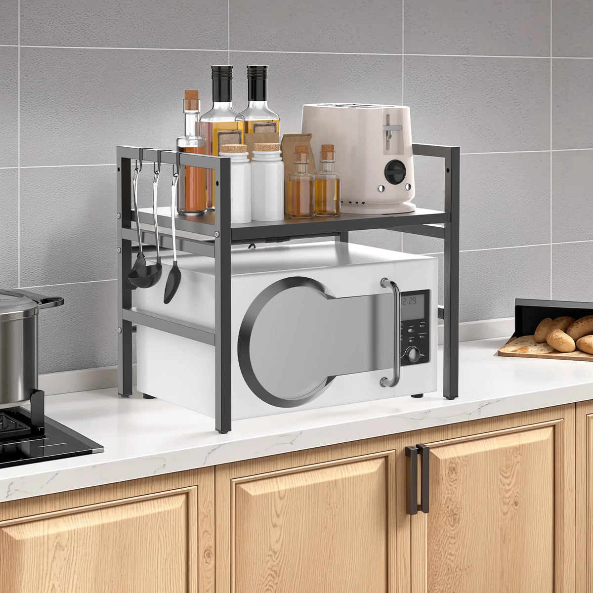 Expandable 2-Tier Microwave Shelf with 6 Hooks