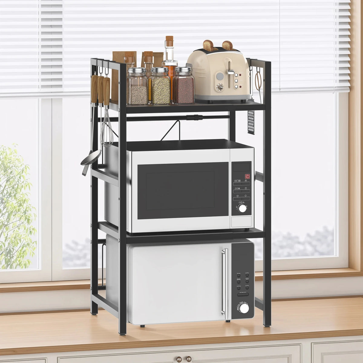 Extendable Microwave Rack, 3 Tier Microwave Rack with 6 Hooks, Microwave Rack, Kitchen Countertop Organiser