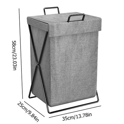 Foldable Laundry Basket Hamper with Lid & Metal Frame