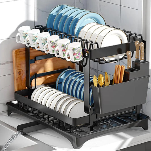 2-Tier Dish Drying Rack with Cutlery Holder & Draining Tray